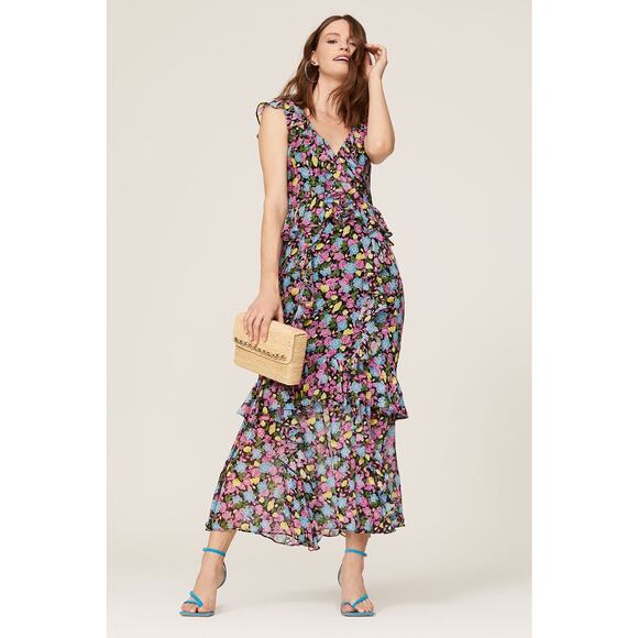 AMUR Evita Maxi Black Anemone Floral Long Maxi Dress 100% Silk Gown Size 12 - Picture 1 of 16